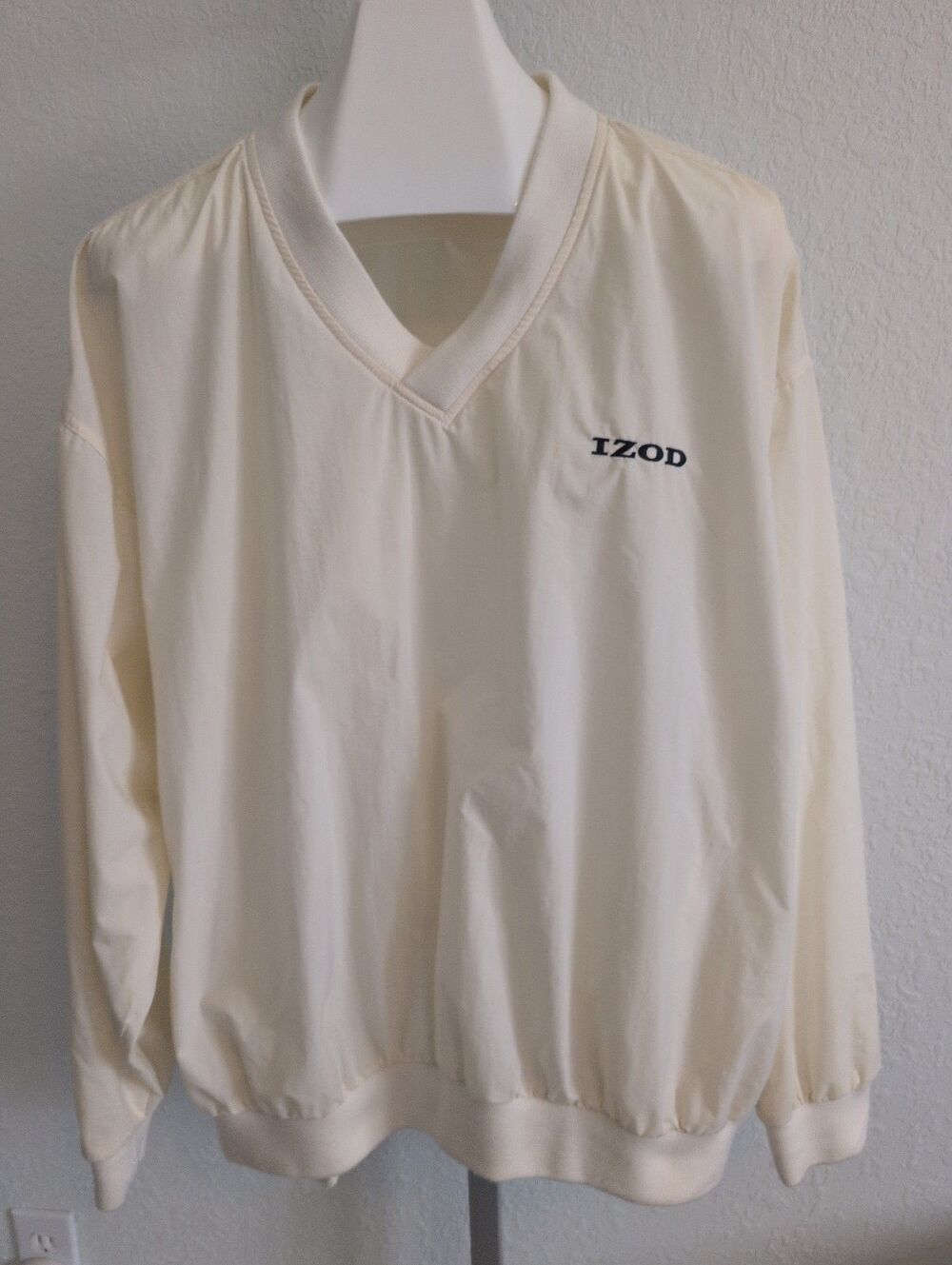 Izod Packable V-neck Pullover Golf Jacket Windbreaker L Cream Yellow Nylon 90s